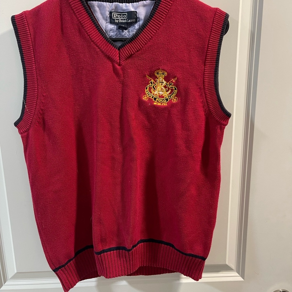 Ralph Lauren Red Knit V‑Neck Sweater Vest with Navy Trim